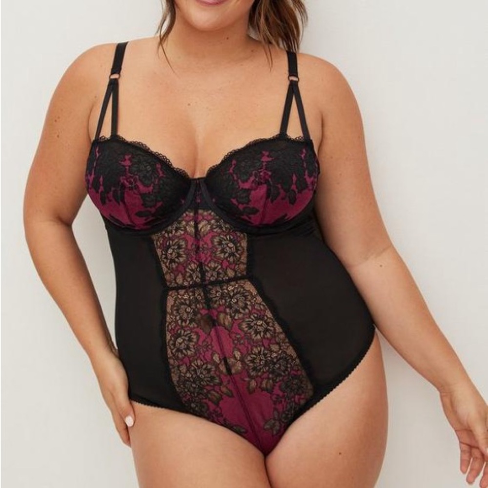 Torrid Black and Purple Lace Bodysuit